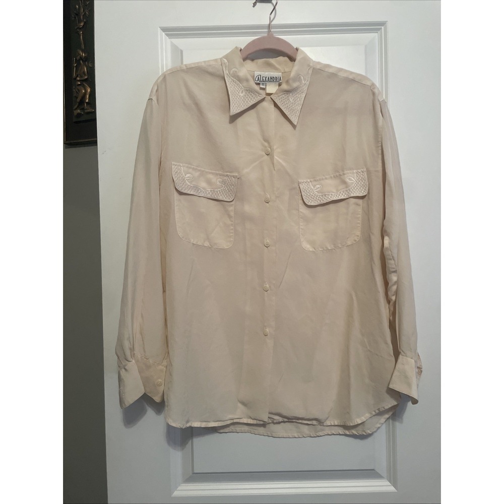 beige silk blouse embroidered collar pockets Alexandria‎ s womens Vguc Vintage